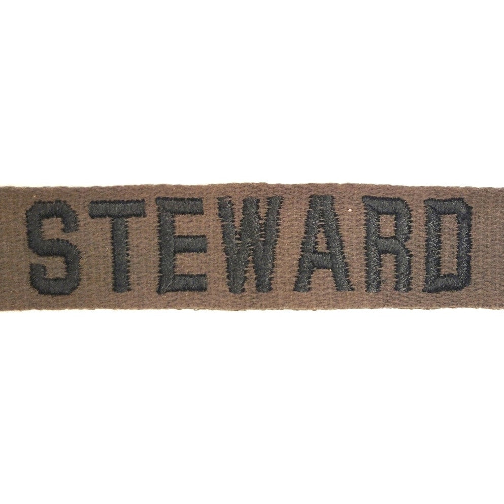 Vintage OD Green Embroidered "STEWARD" Uniform Name Tape 7.9 in. x 1 in. Sew-On