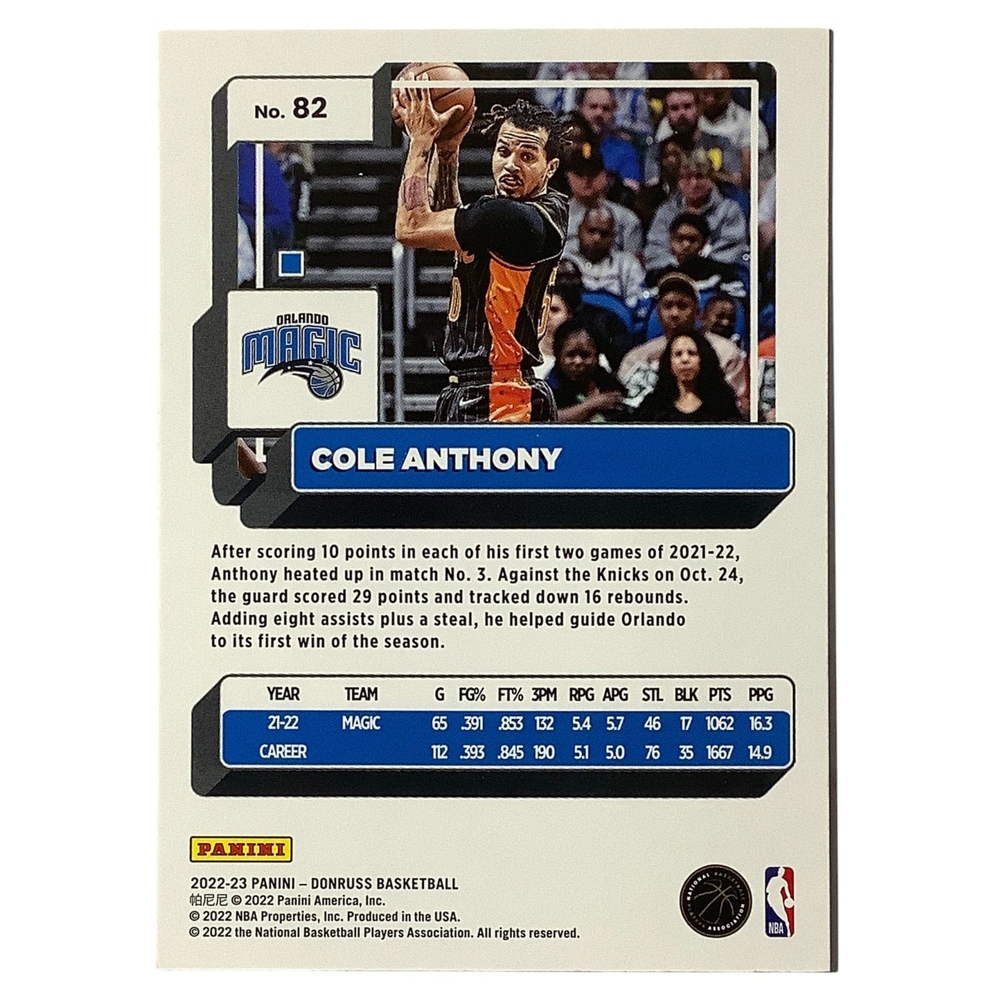 Cole Anthony, Orlando Magic, Card #82, 2022-23 NBA Panini-Donruss