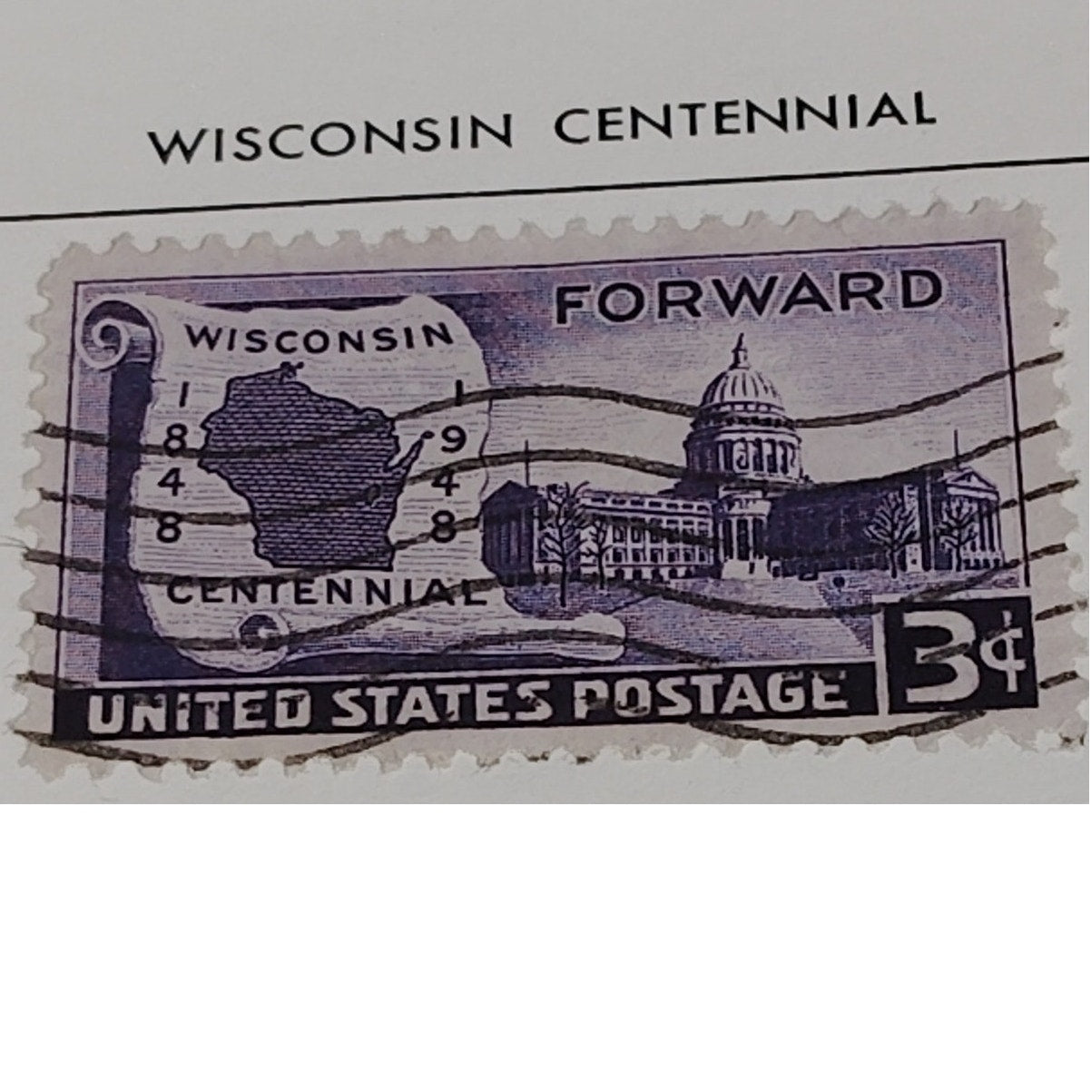 1948 3¢ Wisconsin Statehood Stamp – Scott 957 – Capitol & Map – Centennial