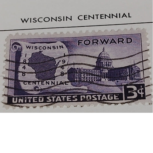 1948 3¢ Wisconsin Statehood Stamp – Scott 957 – Capitol & Map – Centennial
