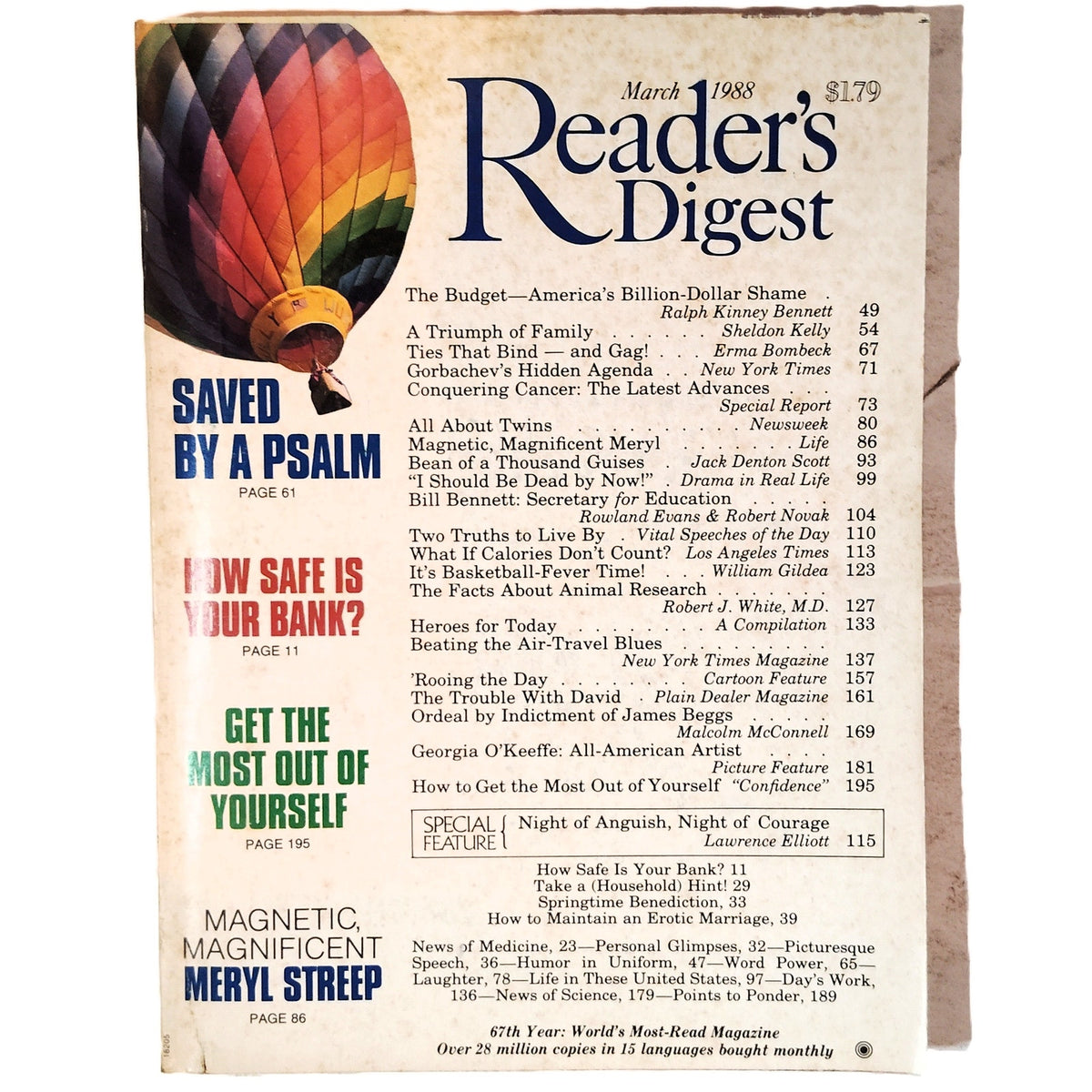 Reader's Digest March 1988 Magazine Back Issue Renoir Cover Art, Meryl Streep