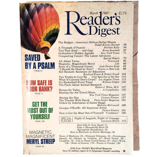 Reader's Digest March 1988 Magazine Back Issue Renoir Cover Art, Meryl Streep