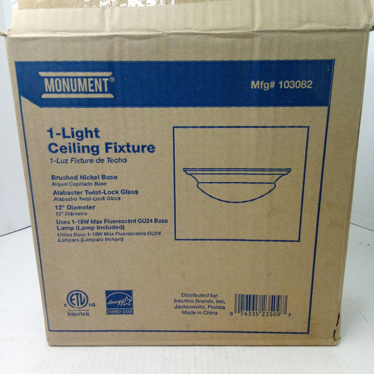 Monument 1-Light Flush Mount Ceiling Fixture Brushed Nickel Alabaster Glass