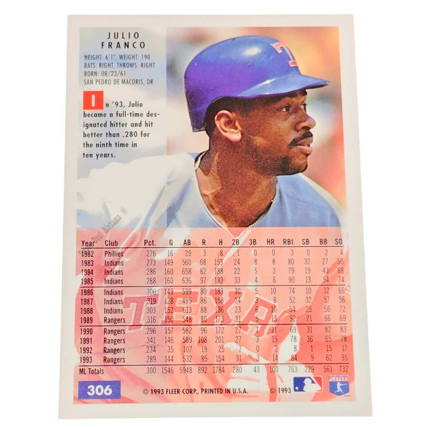 Julio Franco, Texas Rangers, #306, 1994 Fleer Baseball Collector's Card
