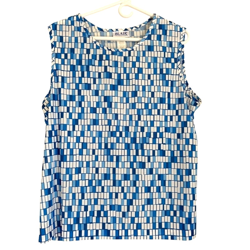 Blair Blue White Geometric Square Print Sleeveless Tank Top Size L Women's