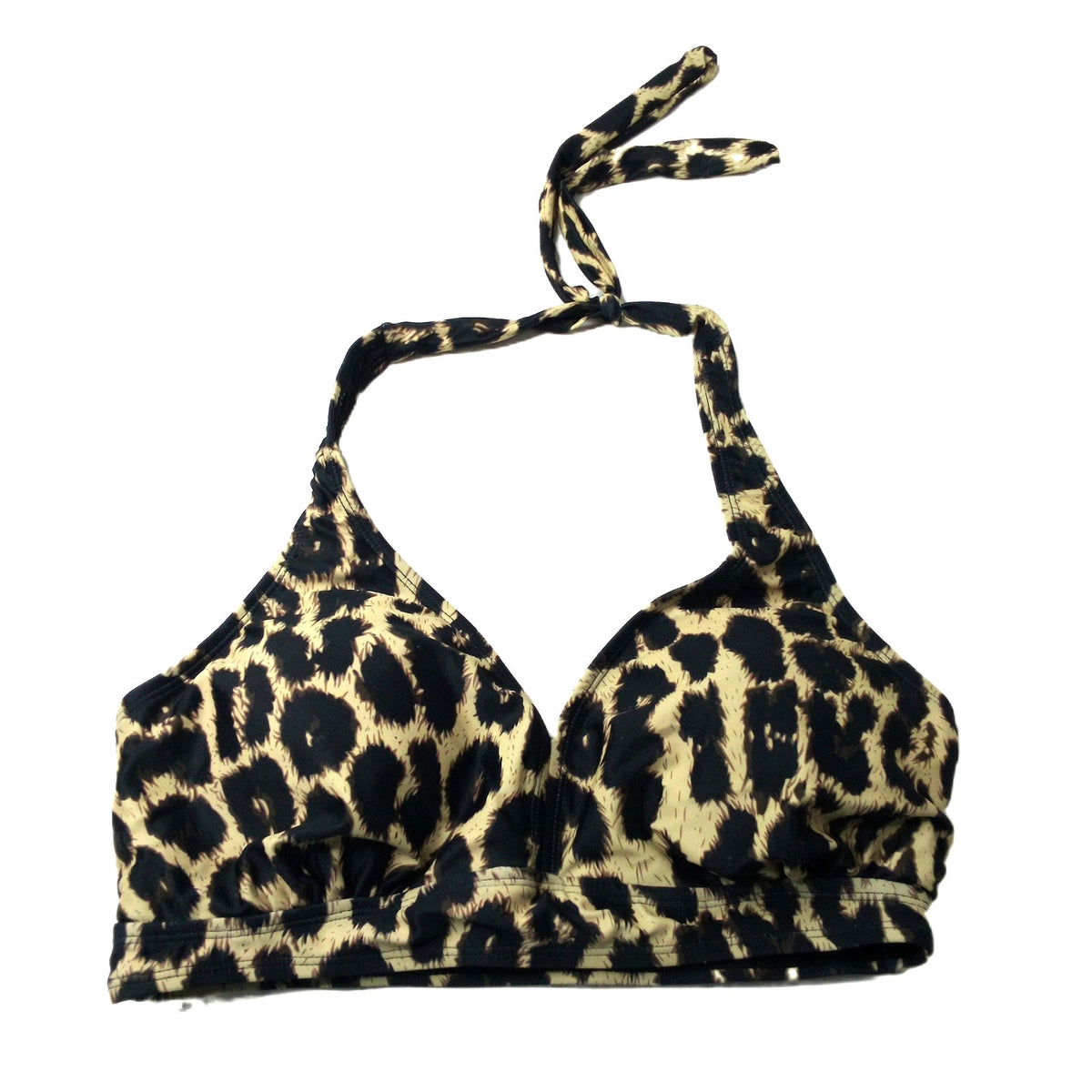 Leopard Print Halter Bikini Top Size XL Black Brown Lined Swimwear Triangle