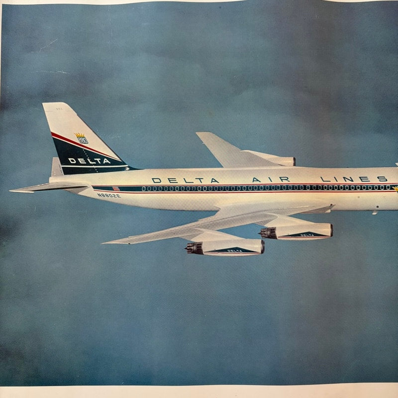 Vintage Delta Air Lines Convair 880 Jetliner Poster 20"x16" Blue & White