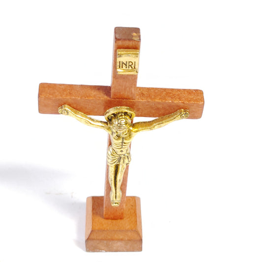 Sacred Heart Southern Missions Mini Wooden Standing Crucifix Gold Corpus 4‑1/4"