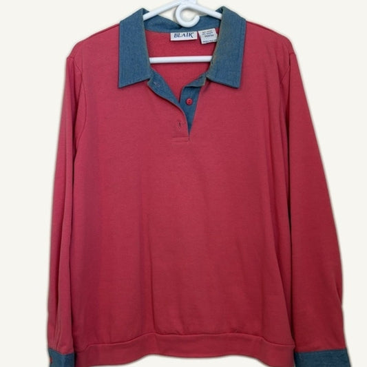 Blair Pink Knit & Blue Denim Pullover Sweatshirt Women's L Cotton Blend