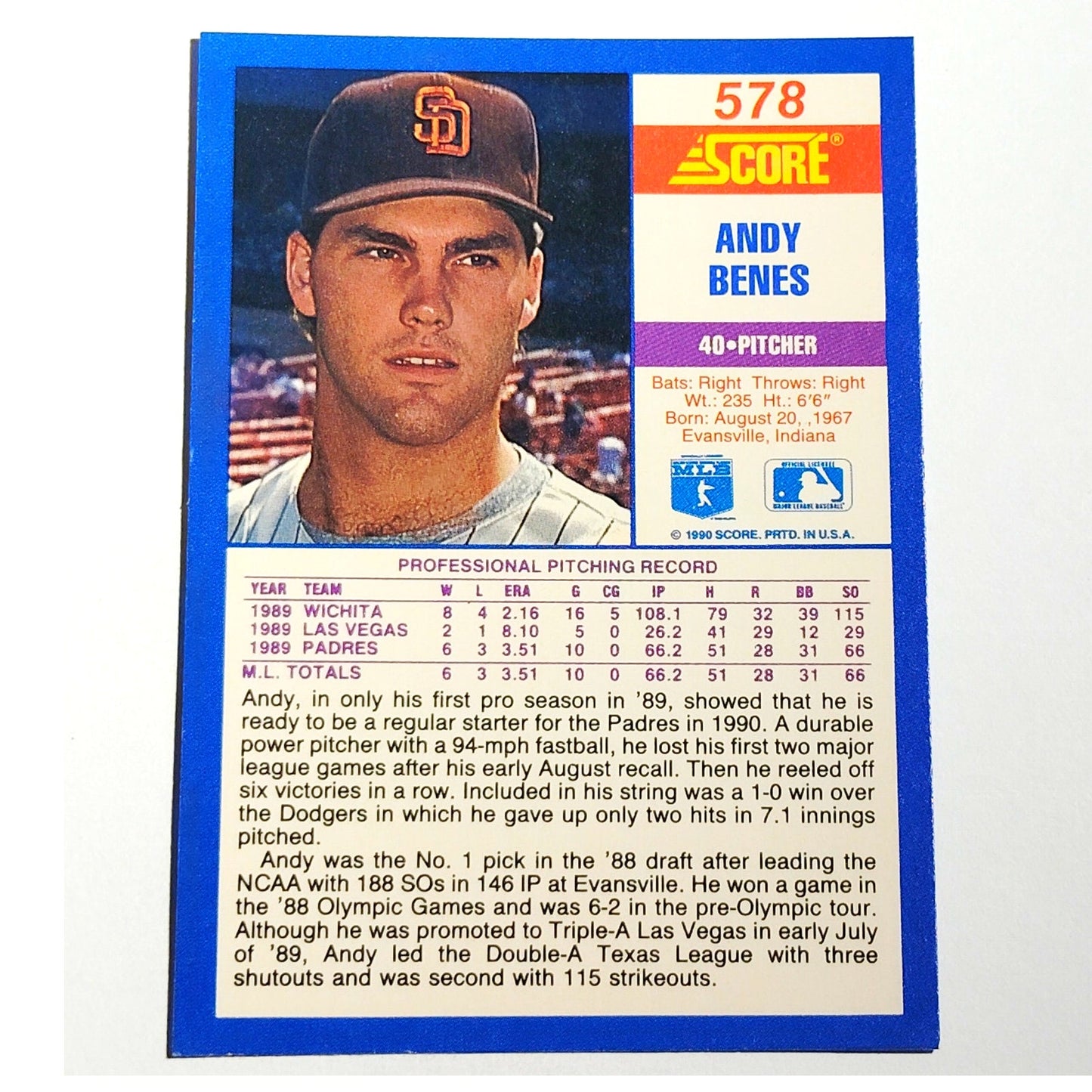 1990 Score Andy Benes #578 San Diego Padres Pitcher MLB Baseball EX