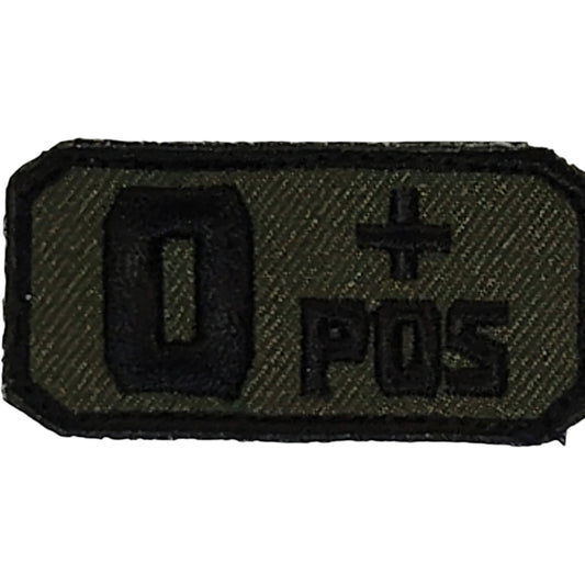 O+ POS Blood Type Patch - Subdued Black on Green - Hook Backing - 2" x 1"
