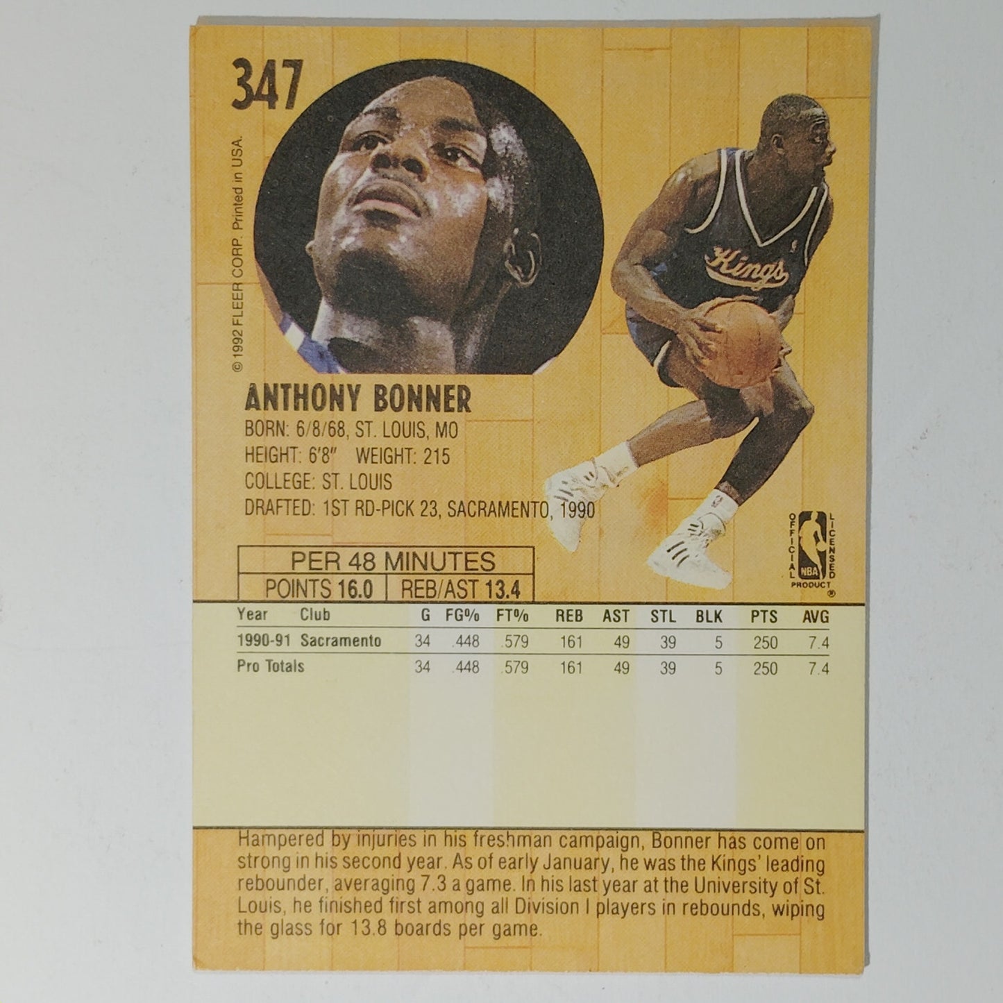 1991–92 Fleer Anthony Bonner #63 – Sacramento Kings – Forward – NBA Card