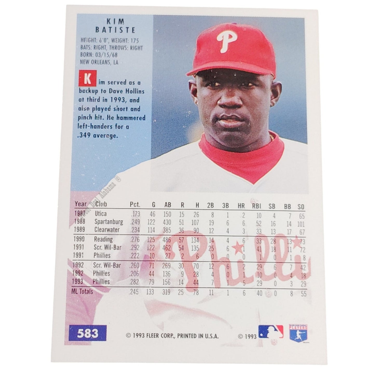 Kim Batiste, Philadelphia Phillies, #583, 1994 Fleer Baseball Collector's Card