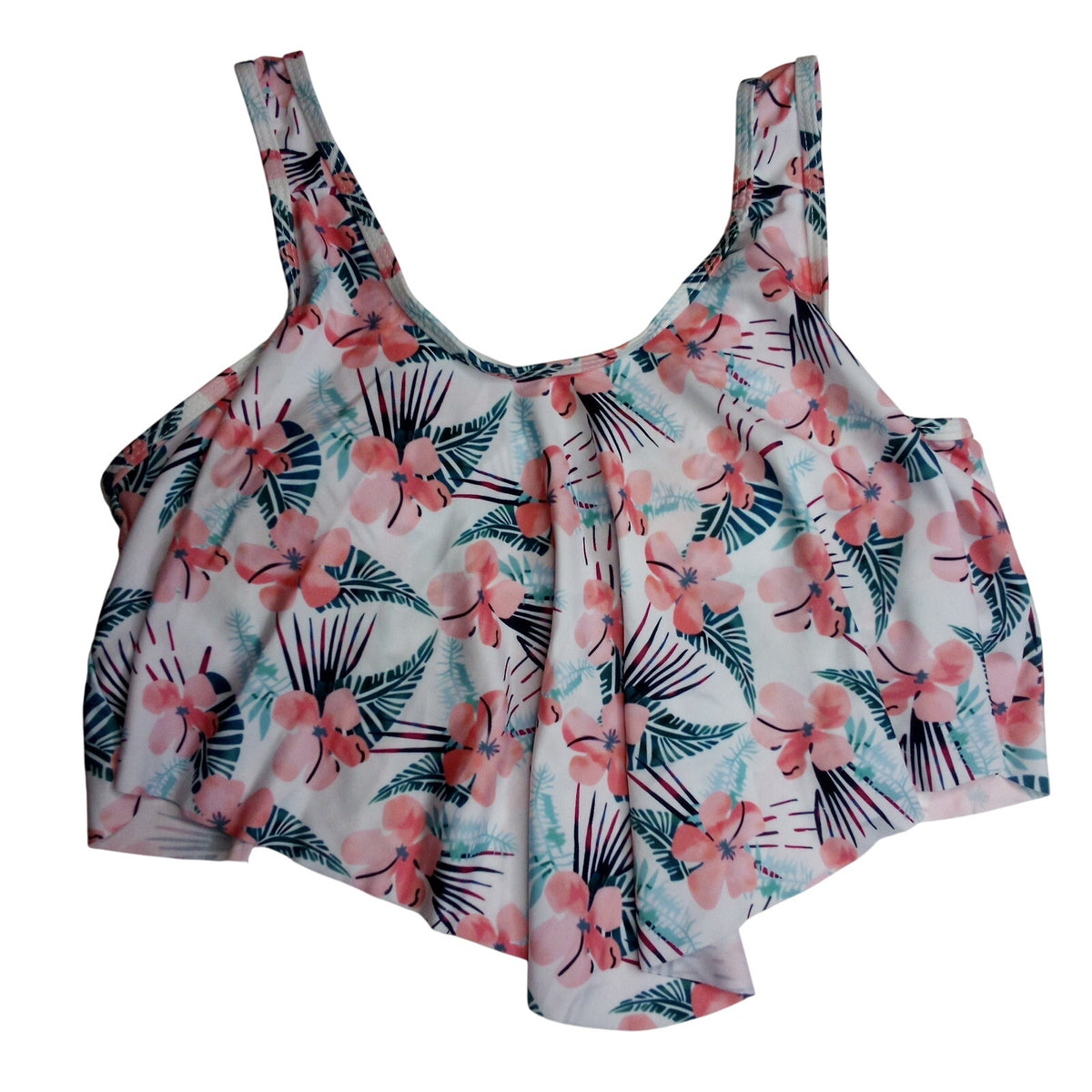 Pink & Blue Floral Tankini Swim Top L - Ruffled Peplum, Adjustable Tie Straps
