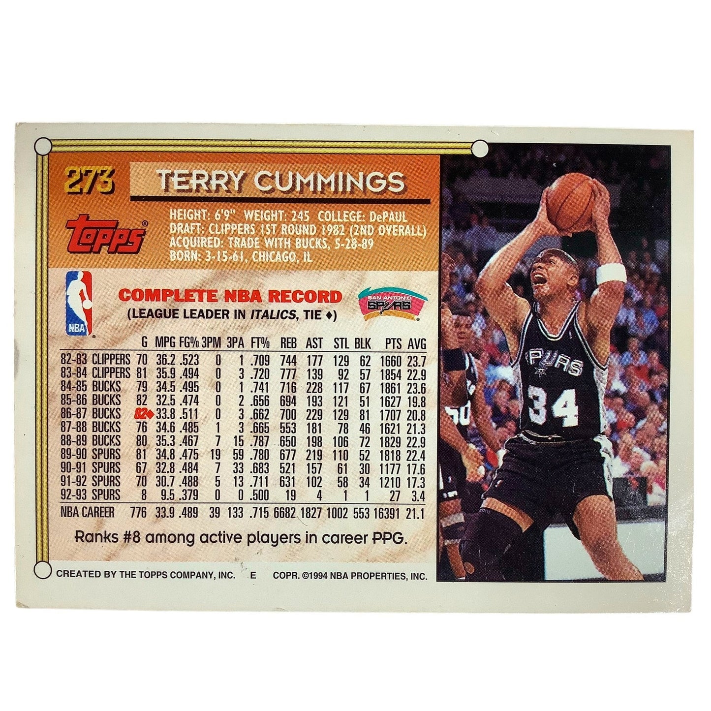 Terry Cummings, San Antonio Spurs, 1993 Topps Collector's Card 273, EXC