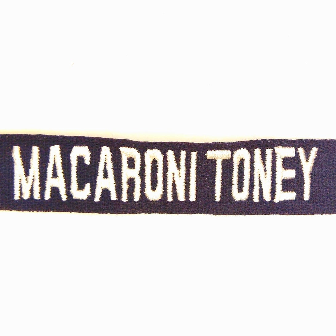 Navy Blue Name Tape “MACARONI TONEY” White Embroidery Sew‑On 8" × 1"