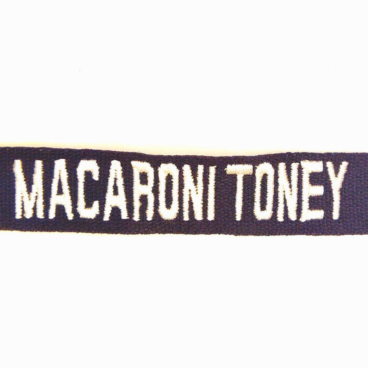 Navy Blue Name Tape “MACARONI TONEY” White Embroidery Sew‑On 8" × 1"