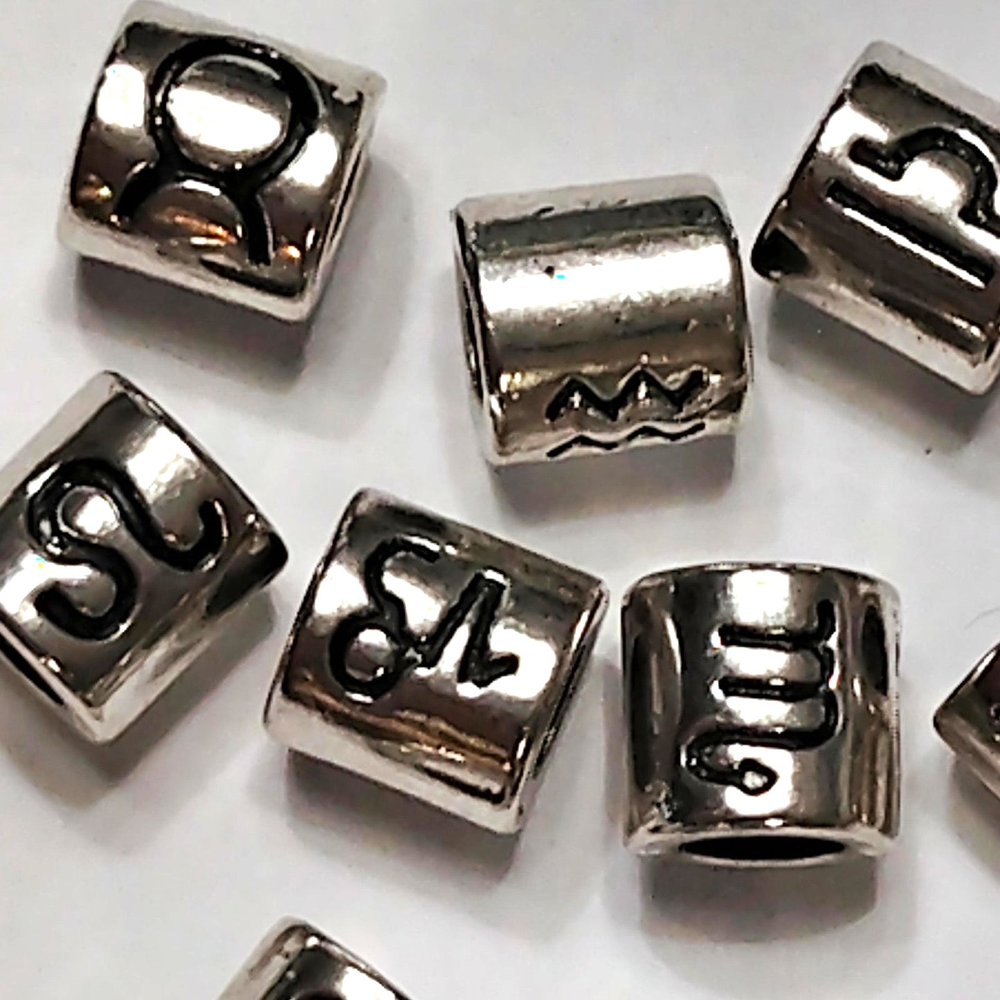 13‑Pack Zodiac Cylinder Beads Patinated Silver‑Tone Large‑Hole 7.5mm DIY Jewelr