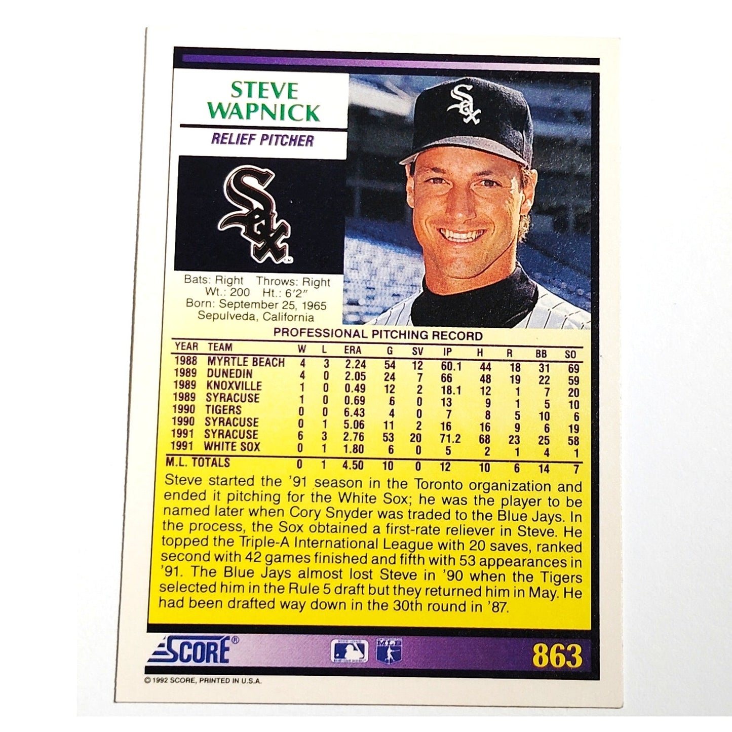 1992 Score Steve Wapnick RC #863 Chicago White Sox P Rookie MLB Baseball Card NM