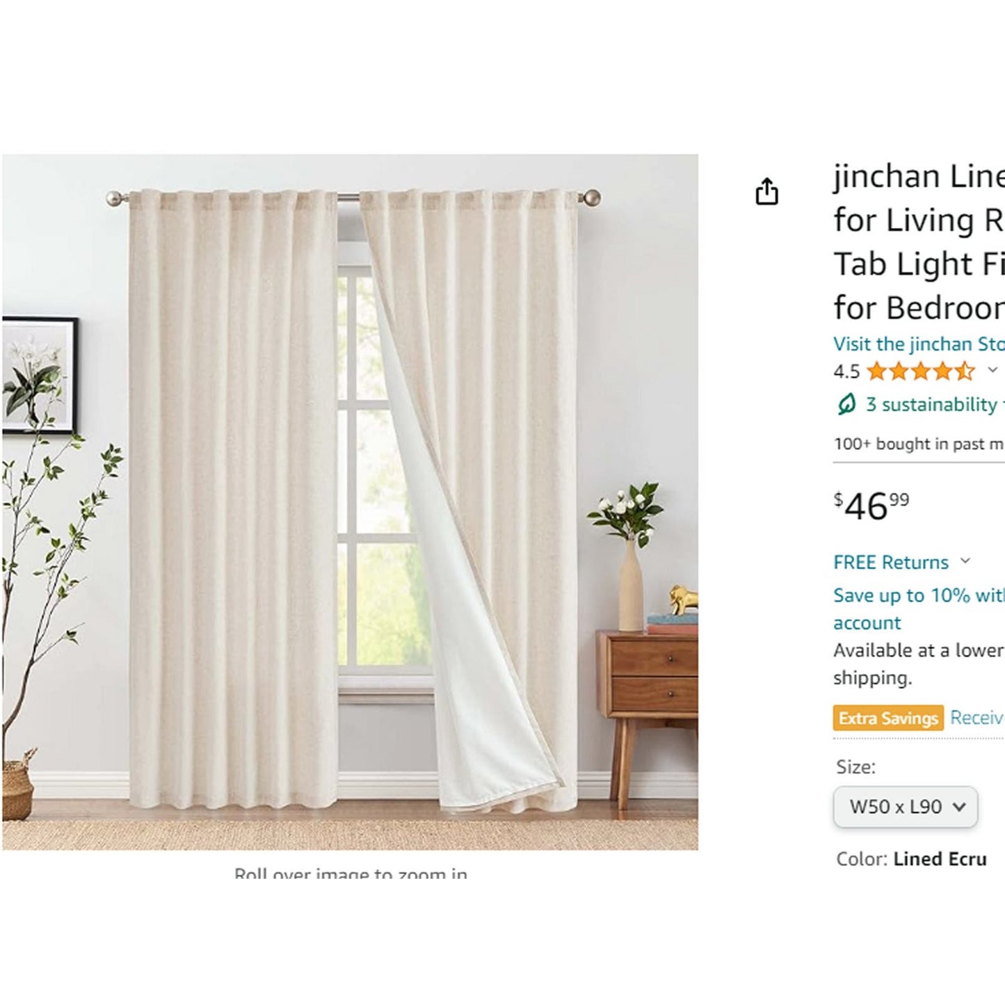 Linen Beige Curtains Panels Drapes, Each 50"W x 90"L, Light Filtering, 2 Panels