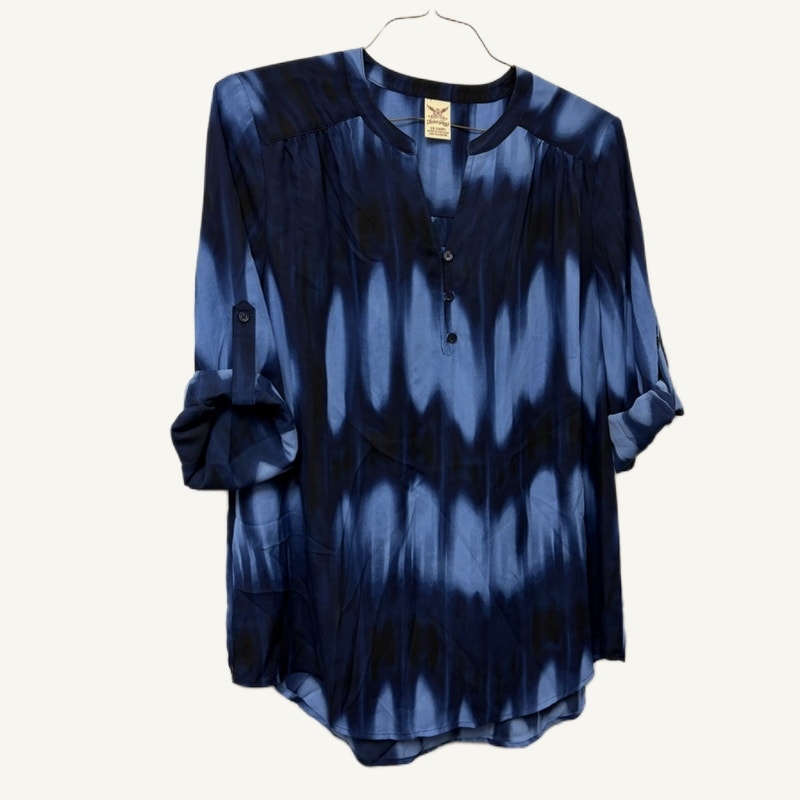 Faded Glory Women's 1X 16W Navy Sheer V-Neck Tie-Dye Roll-Tab Sleeve Top