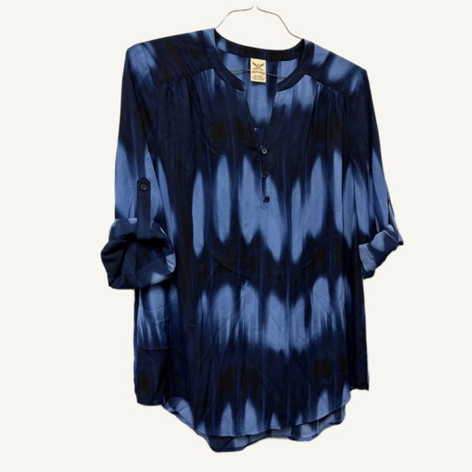 Faded Glory Women's 1X 16W Navy Sheer V-Neck Tie-Dye Roll-Tab Sleeve Top