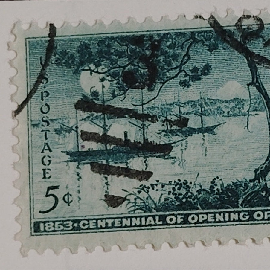 1953 5¢ Opening of Japan Centennial Stamp Scott 1021 Commodore Perry & Tokyo Bay