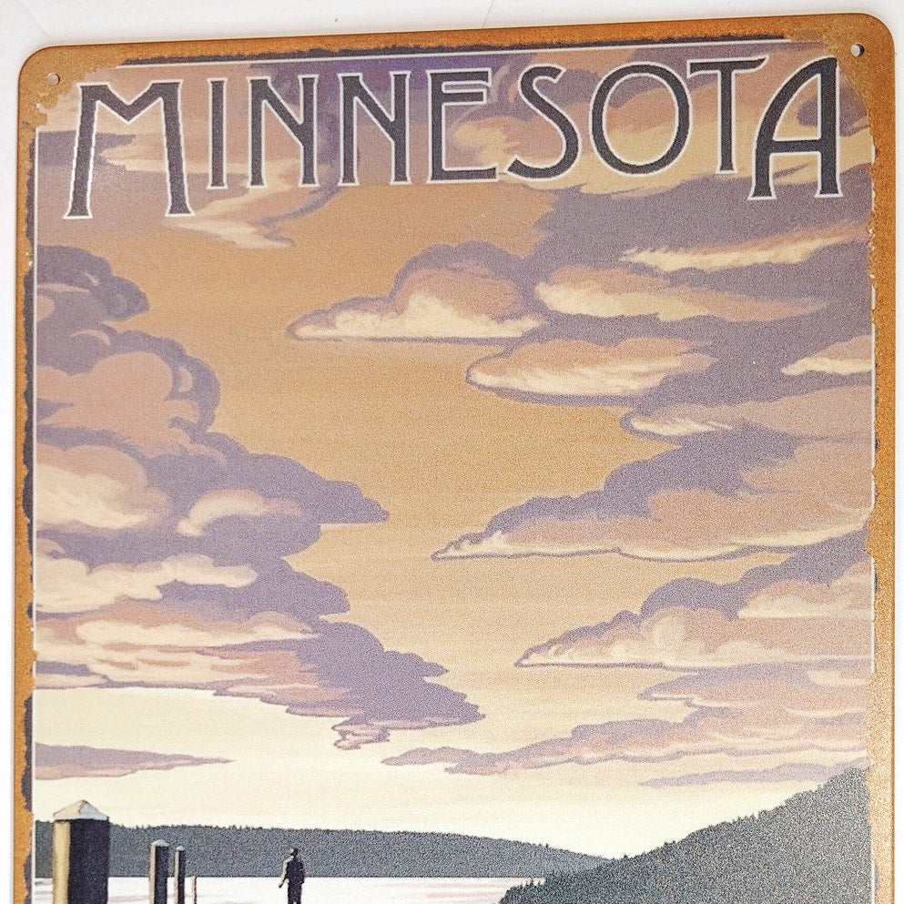 Minnesota Lake Dock Tin Sign 12×8 Canoe Fishing Retro Nature Metal Wall Decor