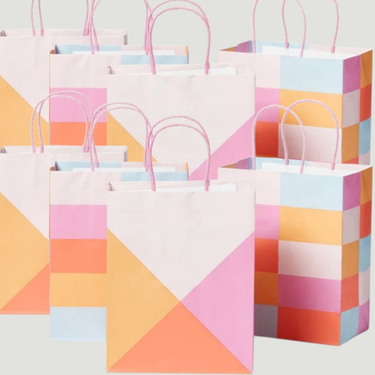 8‑Pack Geo Pastel Gift Bags – 4 Patterns – 9.625" x 7.75" x 4.625"