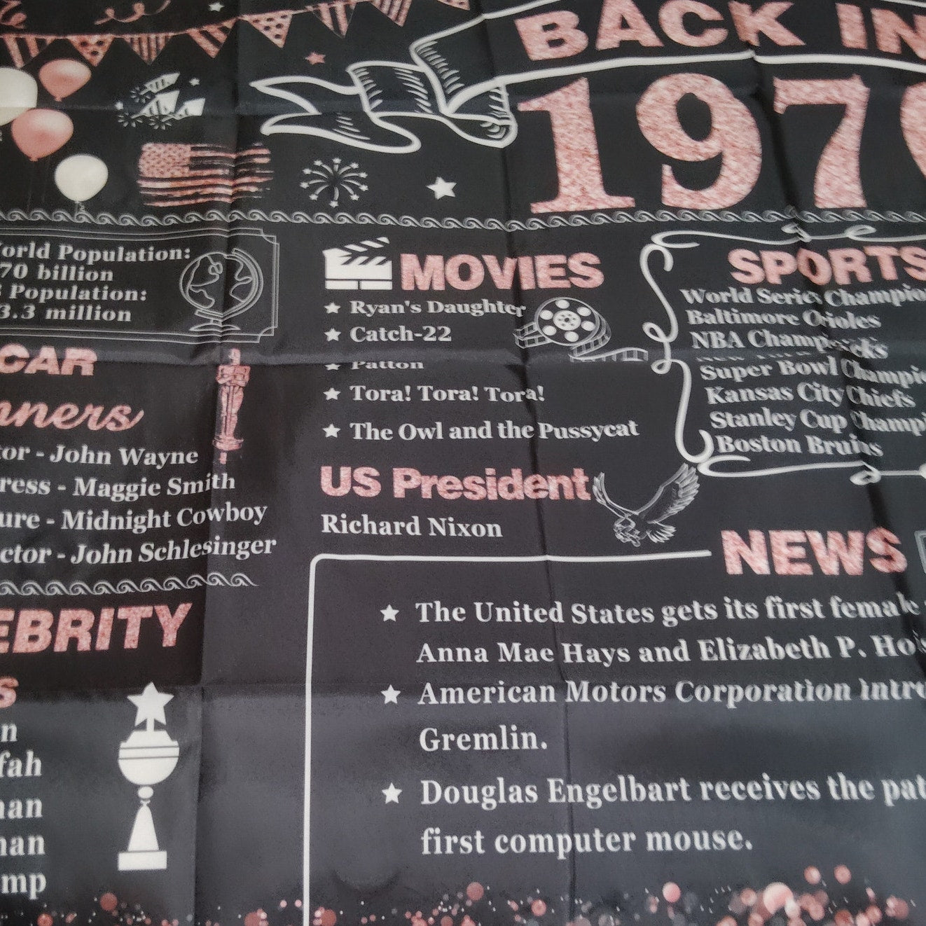 1970 Back‑In‑1970 Year of Remembrance Banner w/ 6 Foil Twists & 6 PomPoms – NIP