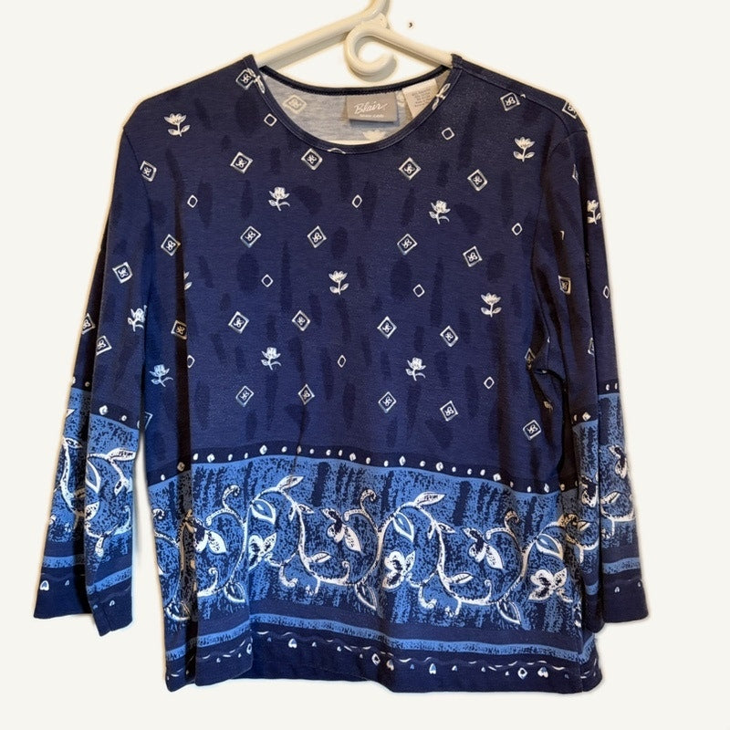 Blair Women's Navy Floral Print Long Sleeve Top & Skirt Set - Size L