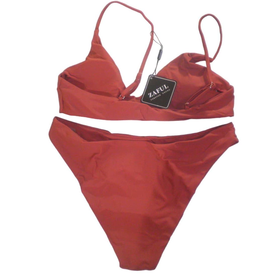 Solid Spaghetti Strap Bralette Bikini Set Two Piece Swimsuit, Light Red, M