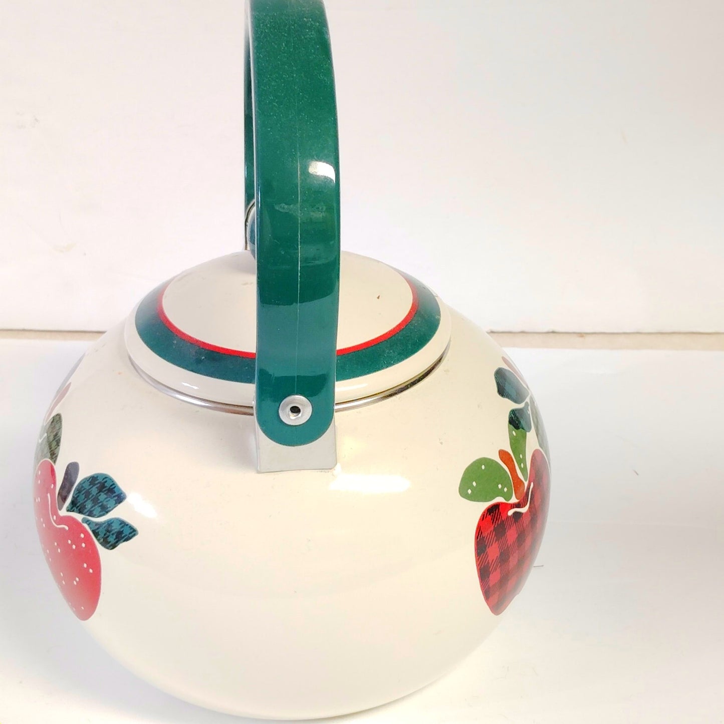 VTG Enamel Plaid Apples Tea Kettle Porcelain on Steel Thailand Country