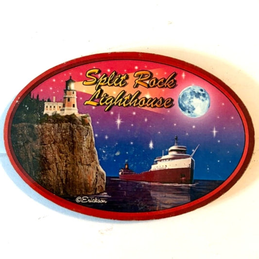 Split Rock Lighthouse Oval Pressed Wood Magnet Freighter Moonlit Scene 3.125x2.125