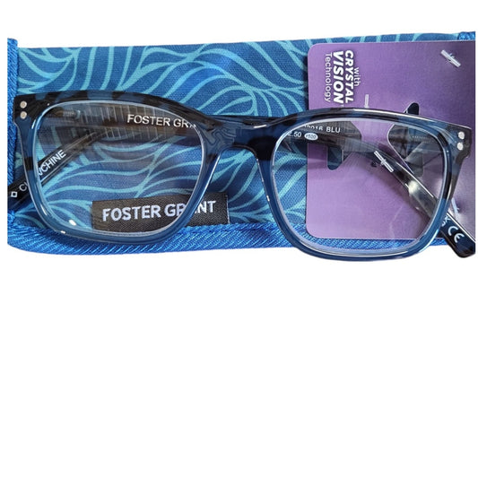 Foster Grant Crystal Vision BLU Reading Glasses, Clear Blue with Case +1.50