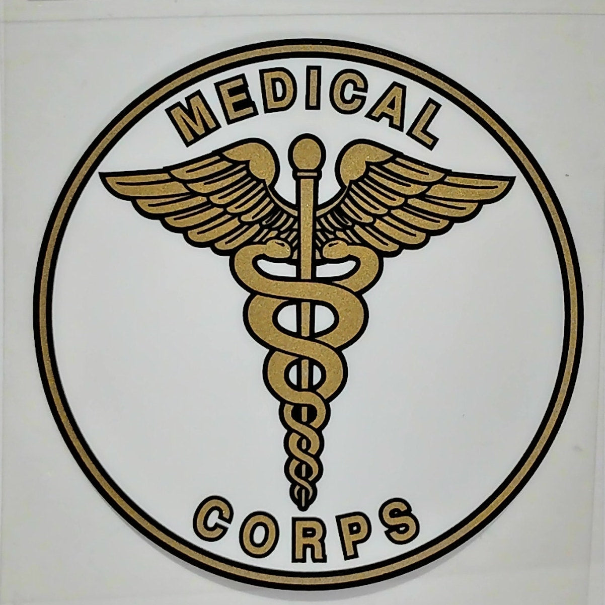 Medical Corps Decal – 4" x 4" Vinyl – Clear Background – Caduceus Emblem – D50‑A