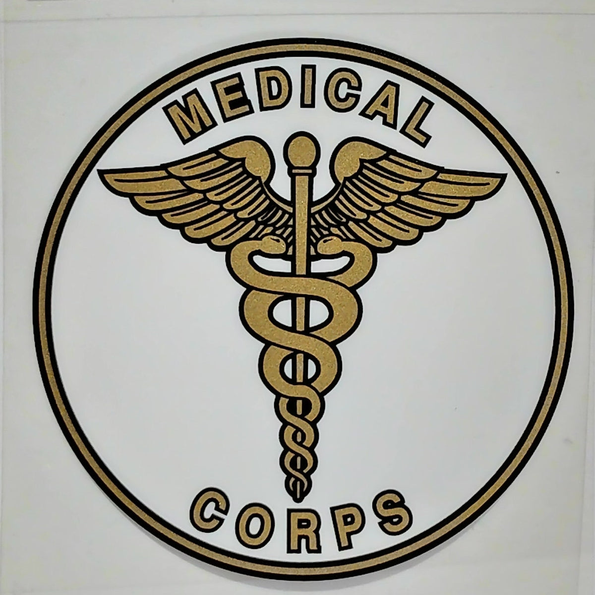 Medical Corps Decal – 4" x 4" Vinyl – Clear Background – Caduceus Emblem – D50‑A