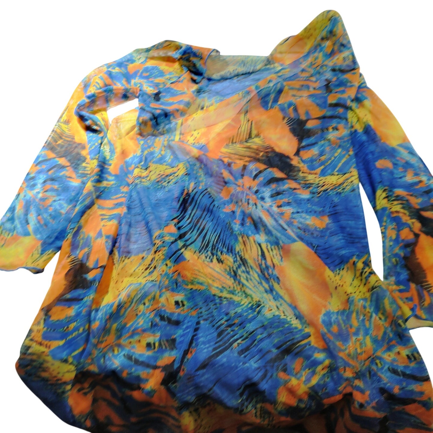 Sheer Abstract Print LS Beach Cover‑Up w/ Front Cinch – Blue/Orange – Large