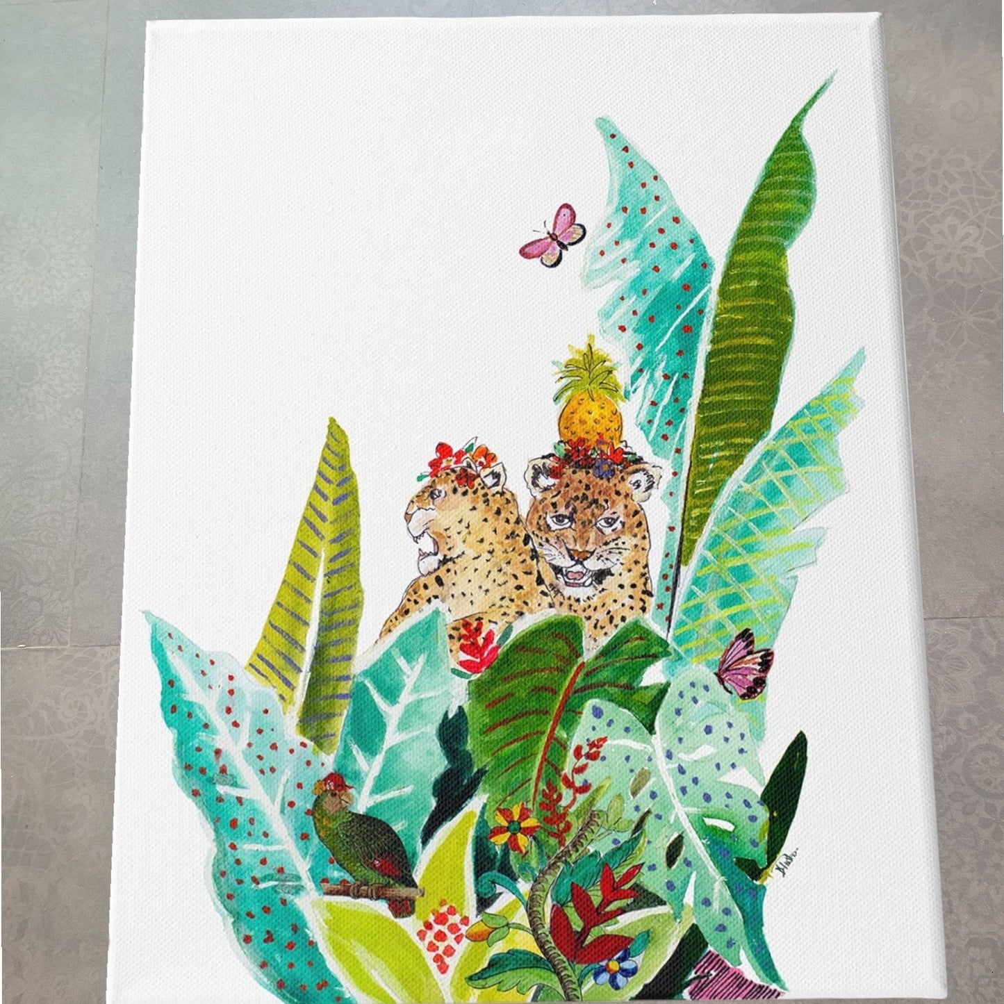 16x20 Tropical Leopards on Stretched Canvas, Wood Frame, Wall Art