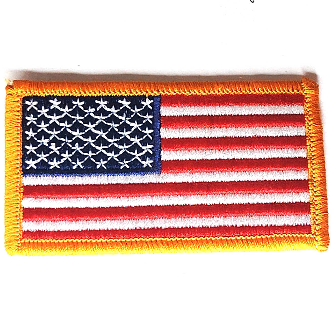 US Flag Patch Standard Orientation Full Color Gold Border Sew-On 3-1/4" x 1-7/8"