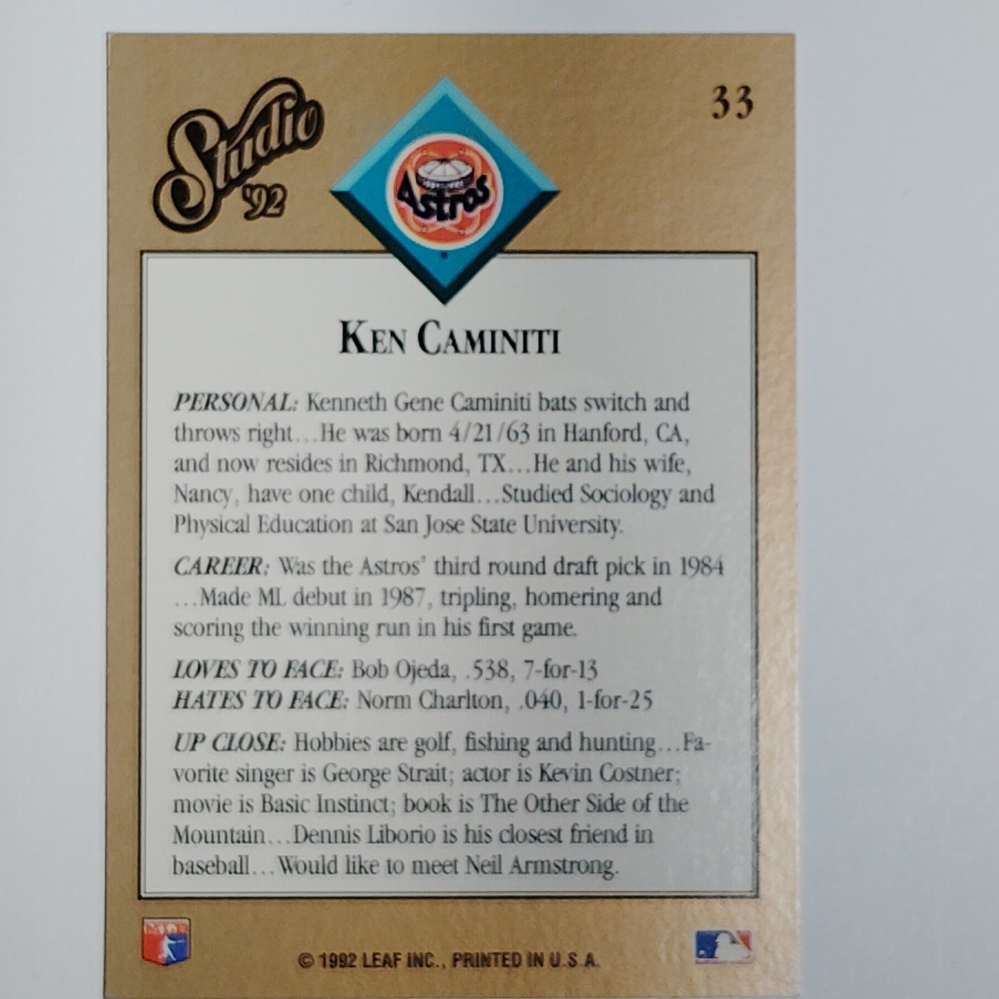 1992 Leaf Studio Ken Caminiti Card #33 Houston Astros 3B VG/EX