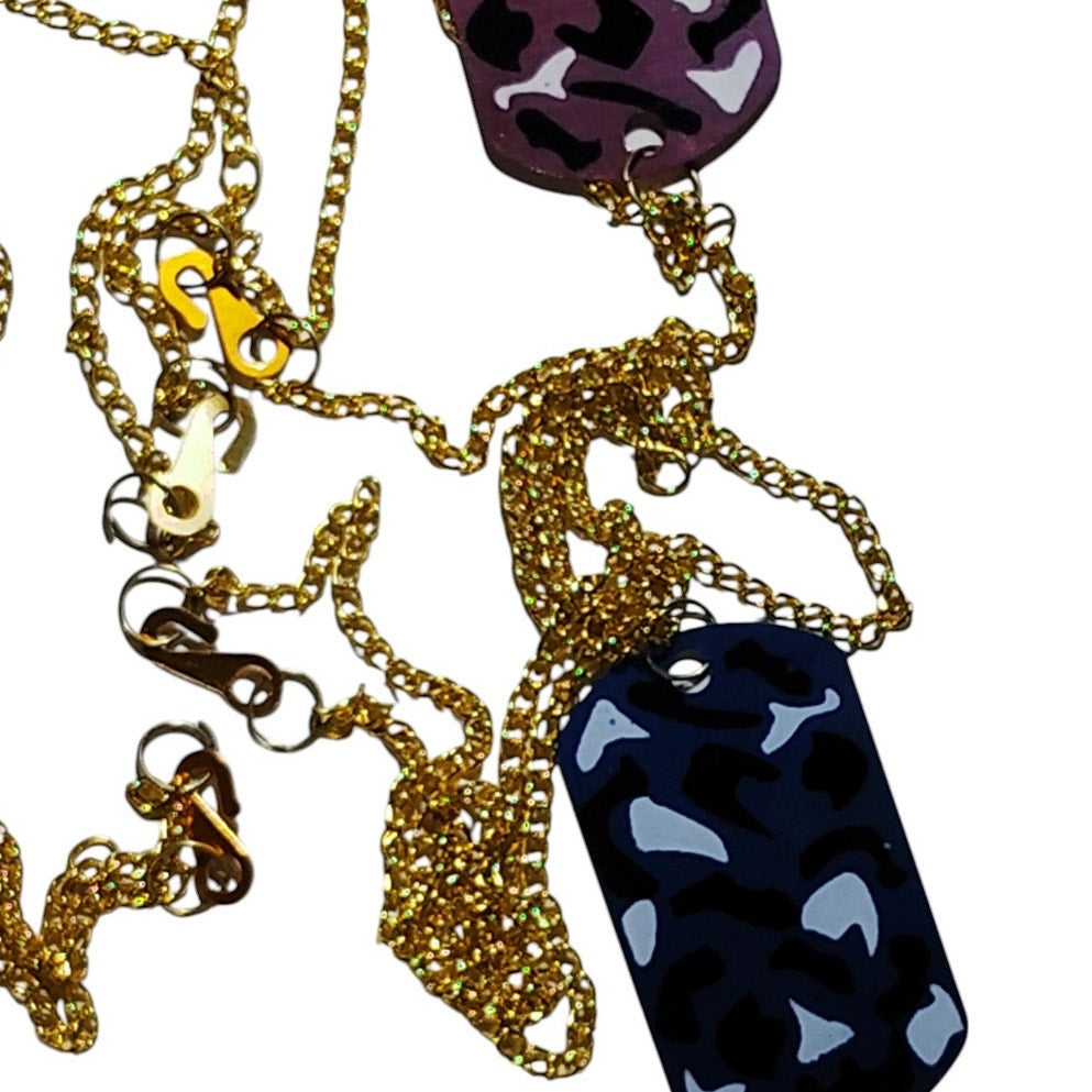 4 Camo Dog Tags Pink (1) Blue (1) Green (1) & Purple (1) w/ 24" Gold Tone Chains