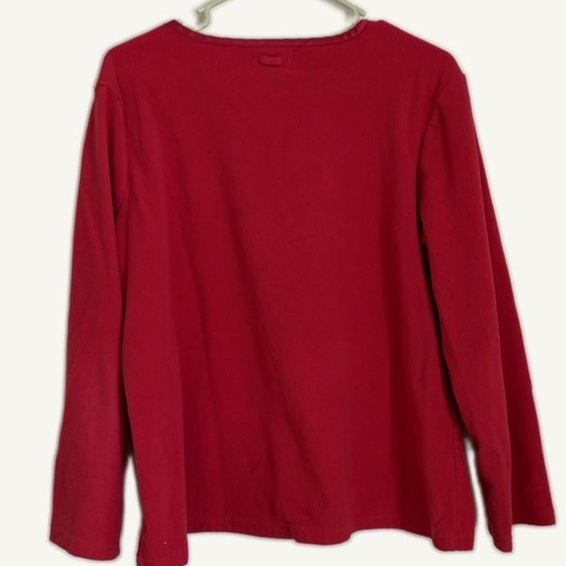 Oscar de la Renta Red Fleece V-Neck Long Sleeve Sleep Top L Women Pajama