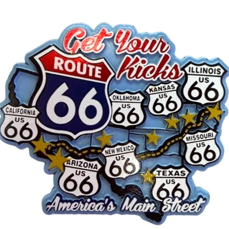 Route 66 Multi‑State Map 3D PVC Rubber Magnet Get Your Kicks 3‑1/4" × 2‑3/4"