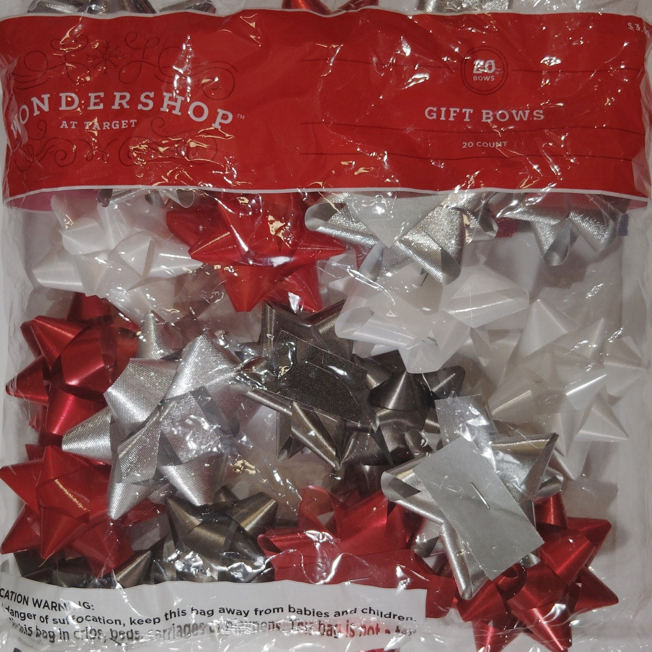 Wondershop 40ct Christmas Gift Bows Red White Silver Holiday Peel n Stick Bows