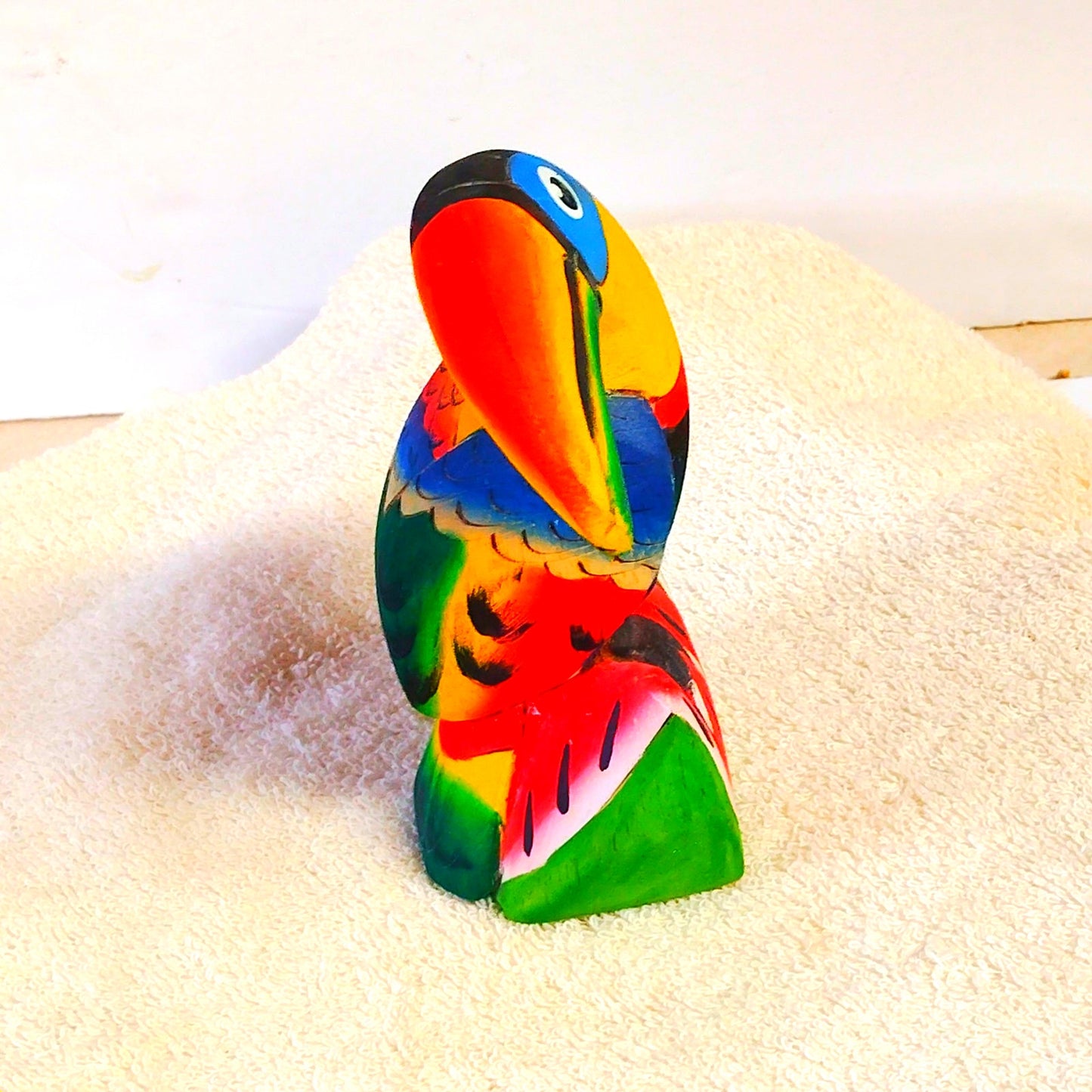 VTG Costa Rica Hand‑Carved Balsa Wood Toucan Watermelon Folk Art Figurine