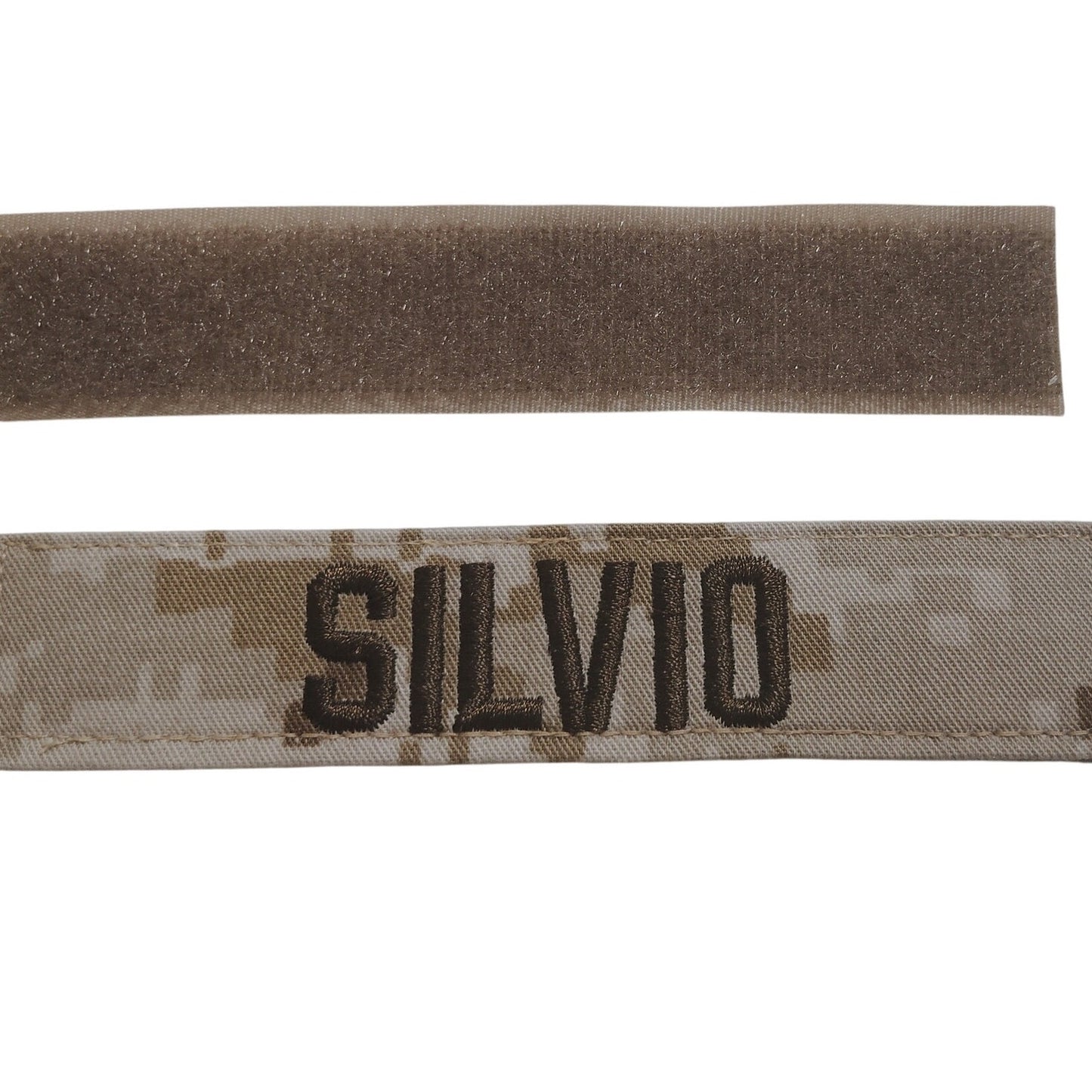 USMC Desert MARPAT Name Tape Embroidered “SILVIO” 5" × 1", Hook Back