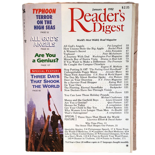 Reader's Digest Magazine January 1992 Vintage - Three Days that Shook The World