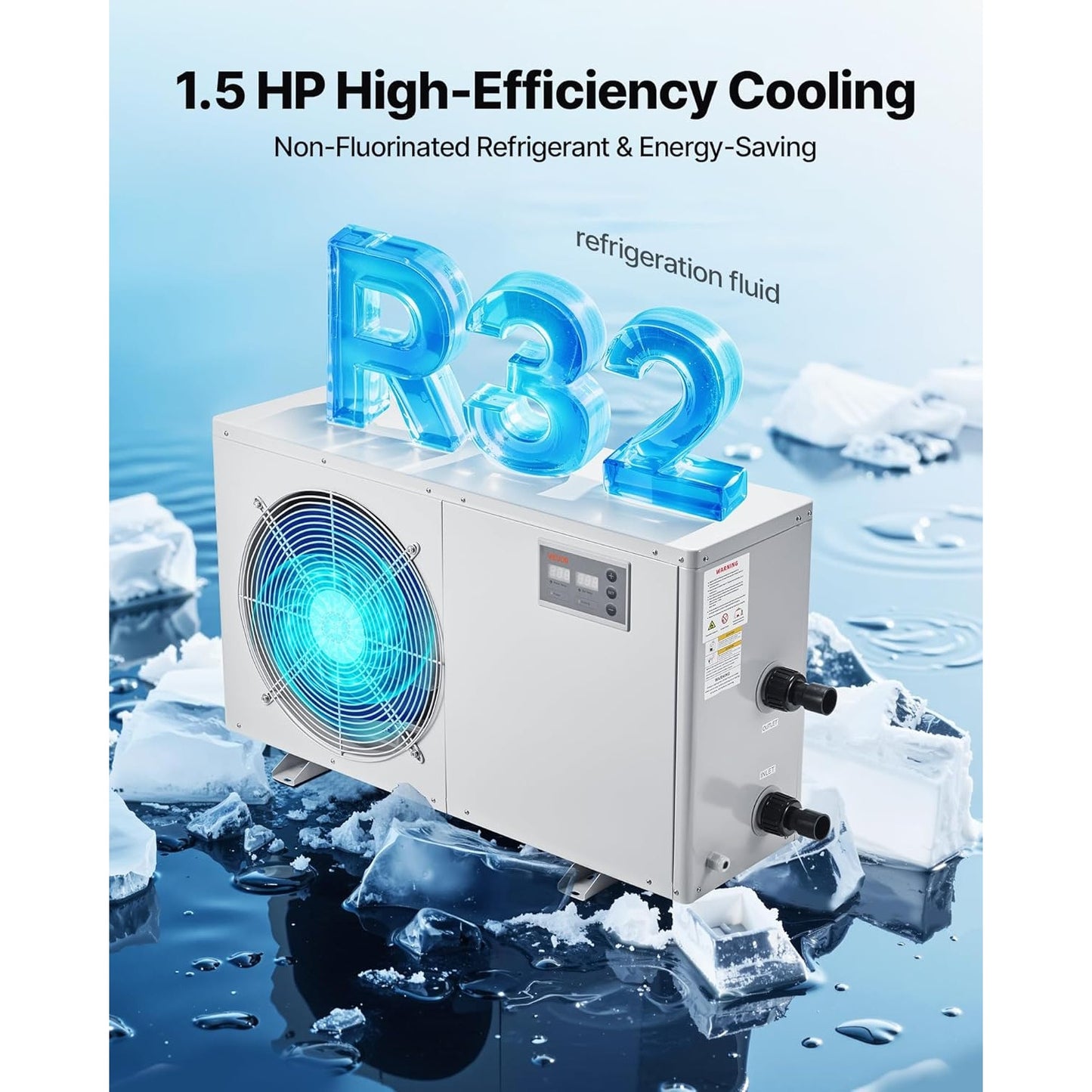 VEVOR Aquarium Chiller – 1.5 HP – 500 Gal – Titanium Evaporator – Gray