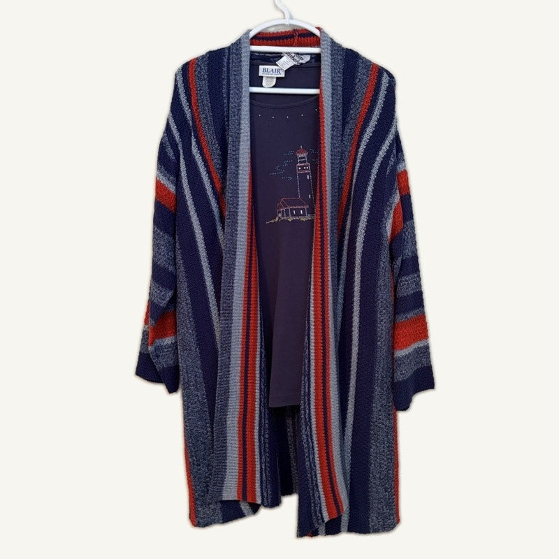 Blair Lighthouse Top & Anthony Richard Striped Cardigan Set L Navy Red